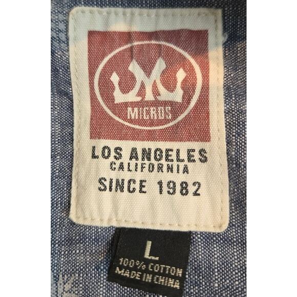 Micros Los Angeles Blue Chambray Pineapple Tropical Print Shirt Pocket Large - Picture 6 of 8